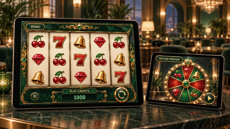Demo slot မျက်နှာပြင်နှင့် bonus feature preview ကို သီးခြားပြထားသော သရုပ်ဖော်ပုံ