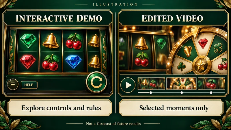 ကိုယ်တိုင်ထိန်းချုပ်သော slot demo နှင့် ရွေးချယ်ထားသော bonus video ကို နှိုင်းယှဉ်ပြသည့် သရုပ်ဖော်ပုံ
