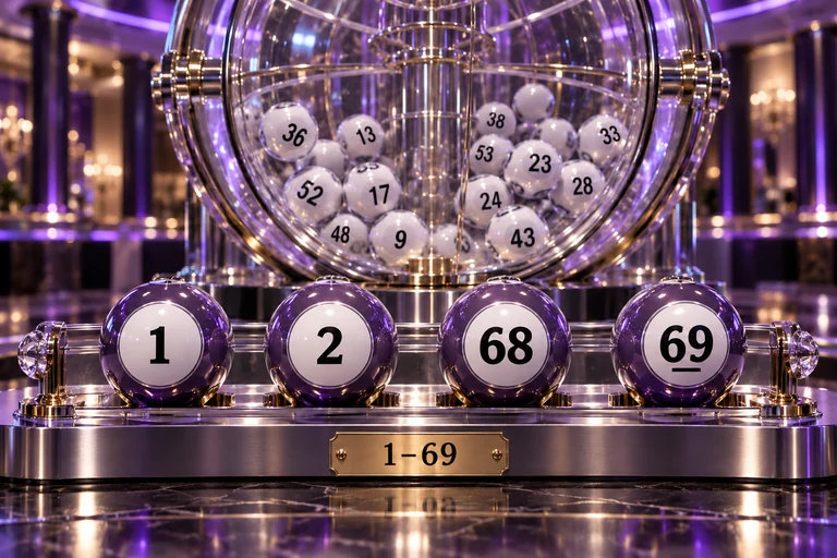Detailed lottery machine and foreground balls 1, 2, 68 and 69 illustrate inclusive endpoints.